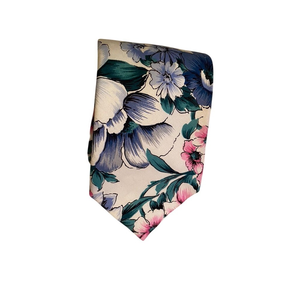 Surrey Mens Floral Cotton Necktie Blue Pink White Made in USA Botanical Tie